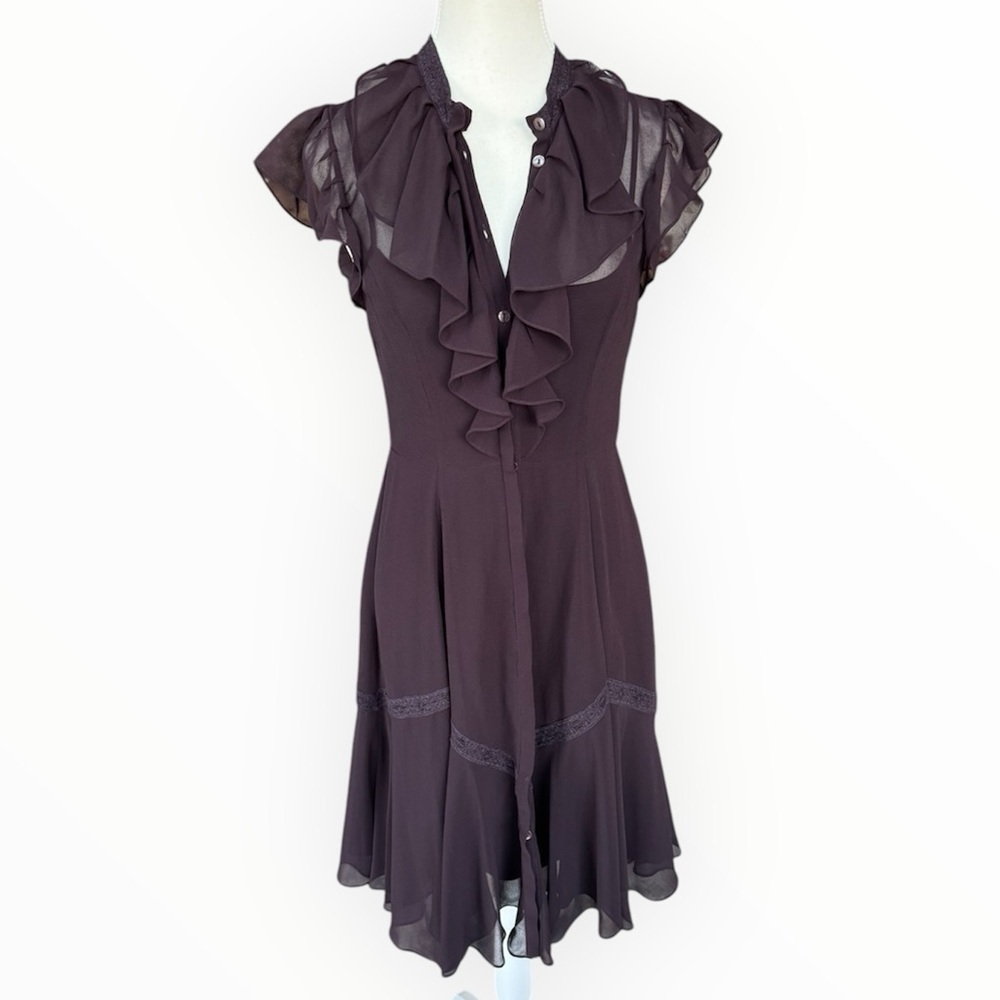 Needle & Thread Ruffle Mini Dress Plum Lace Flutter Sleeve Sz 6